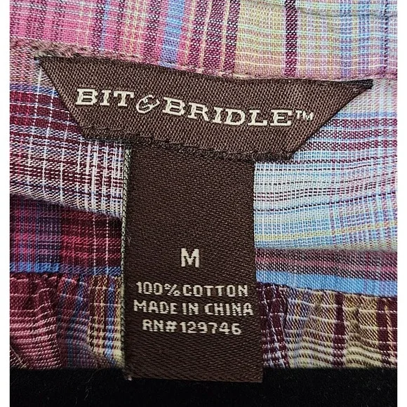 Bit & Bridle Shirt Womens Size Medium Pink Plaid Top Blouse Roll Tab 3/4 Sleeves - Picture 4 of 6